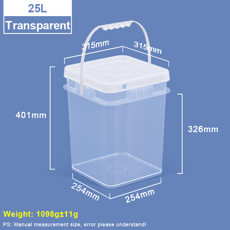 Seau en plastique carré transparent de 25 L avec couvercle et poignée