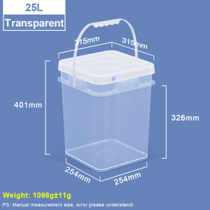 Seau en plastique carré transparent de 25 L avec couvercle et poignée