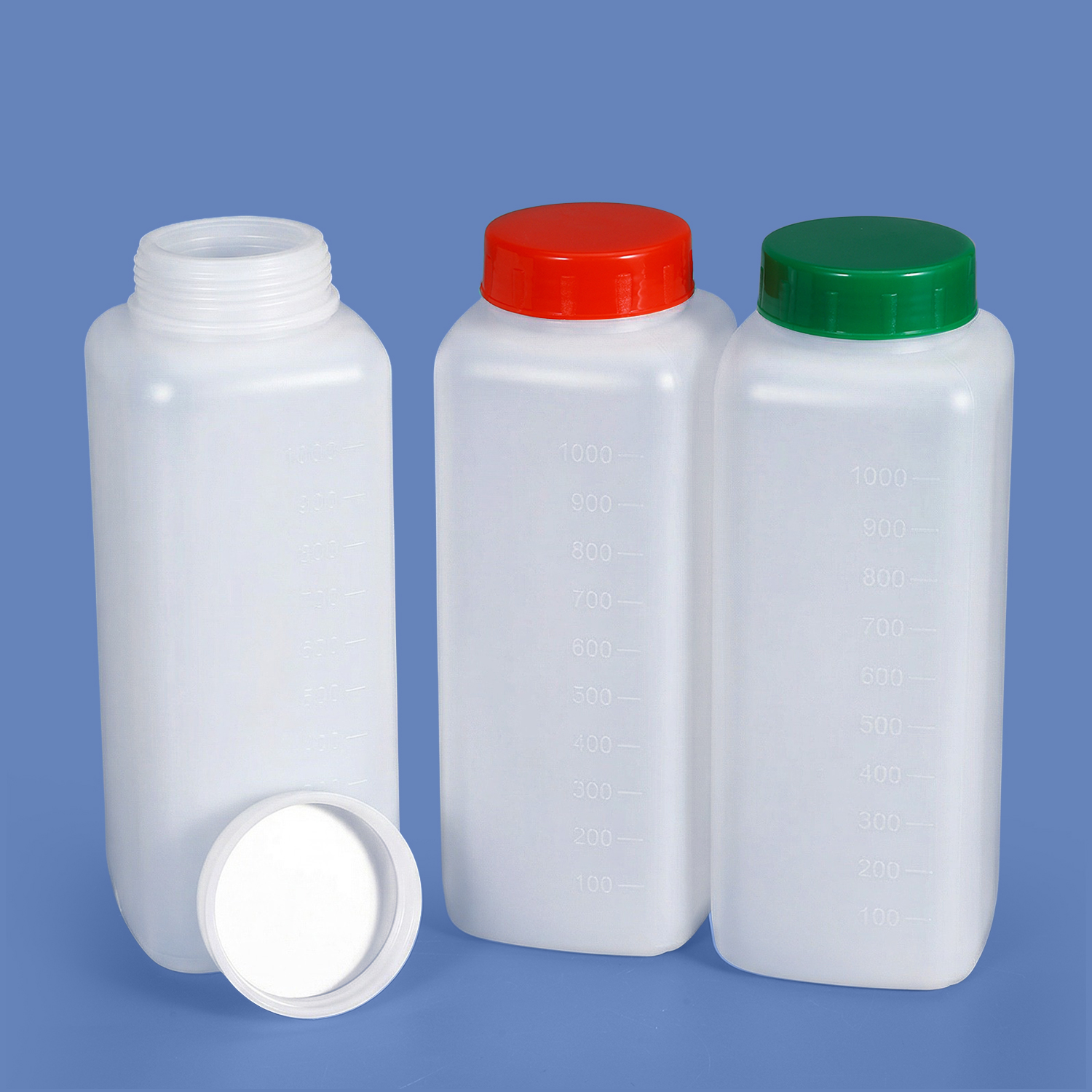 Bouteille en plastique carrée à large bouche en HDPE de 1 L, col de 60 mm avec graduation pour emballage de poudre et de liquide épais