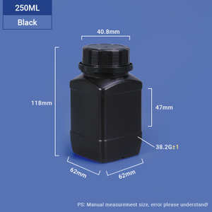 Bouteille HDPE carrée noire-250 ml de 25 ml pour emballage de poudre chimique 