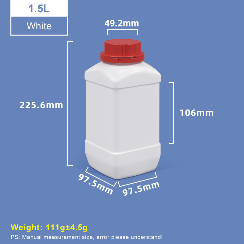 Bouteilles en plastique carrées blanches à col large de 1500 ml avec bouchon rouge