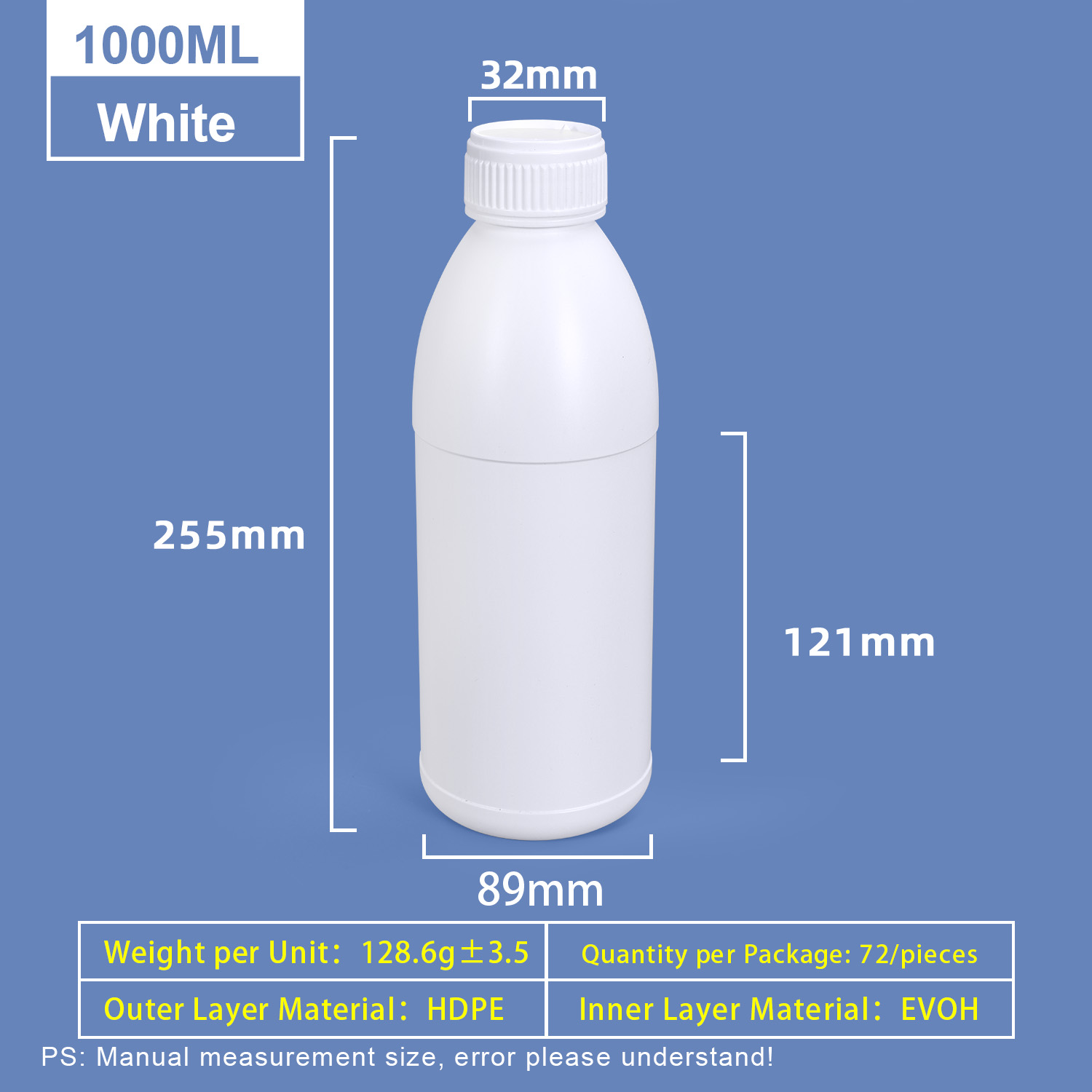 Bouteille en plastique blanche à épaule ronde de 1 L, bouteille en plastique Coex HDPE