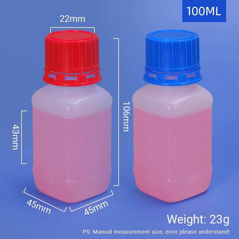 Grade de laboratoire épaissis des fuites de 100 ml carrés HDPE Échantillon de bouteille en plastique Vail plastique pour stockage de réactifs chimiques