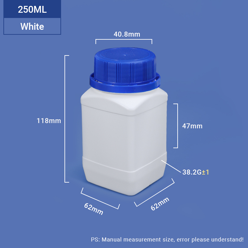 Bouteille HDPE carrée blanc-250 ml de 25 ml pour emballage de poudre chimique 