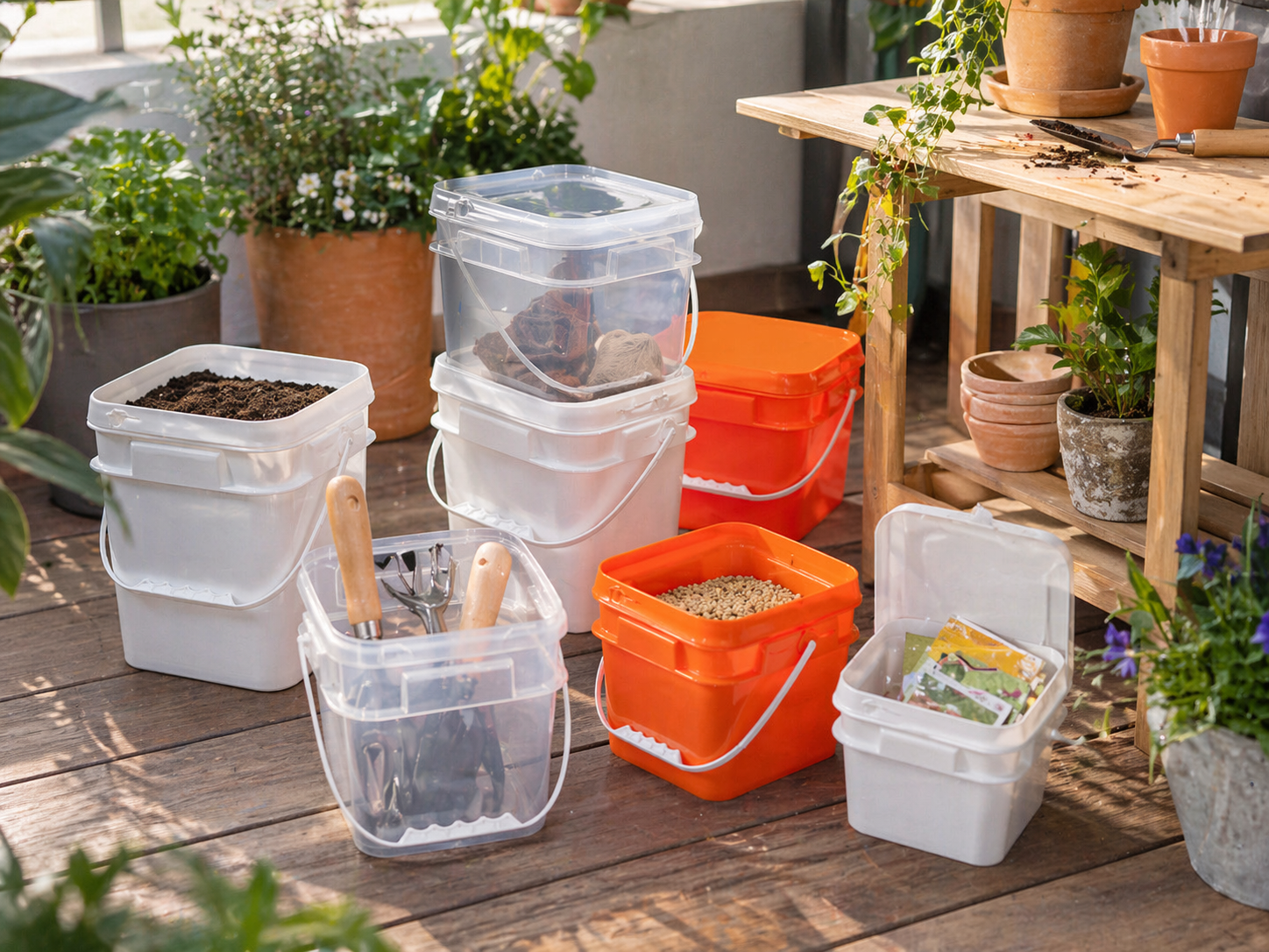 Rangement de jardinage sur balcon avec seaux carr&eacute;s en plastique.png
