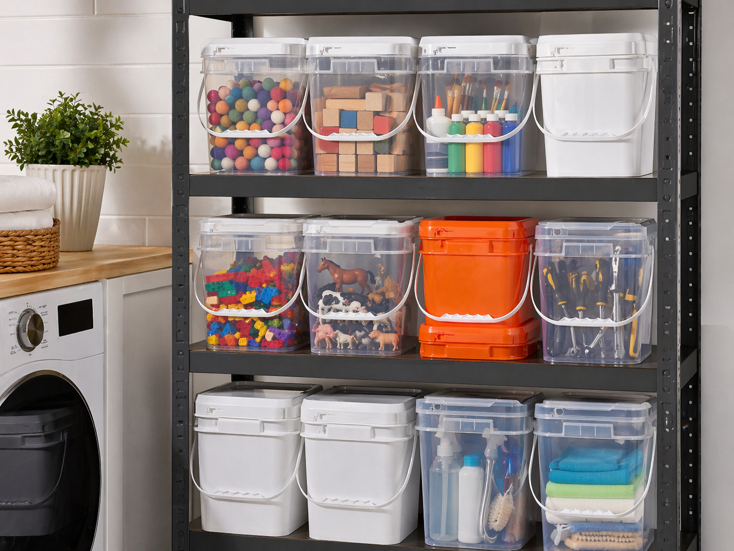 Organisation de la maison et rangement utilitaire avec des seaux carr&eacute;s en plastique.png