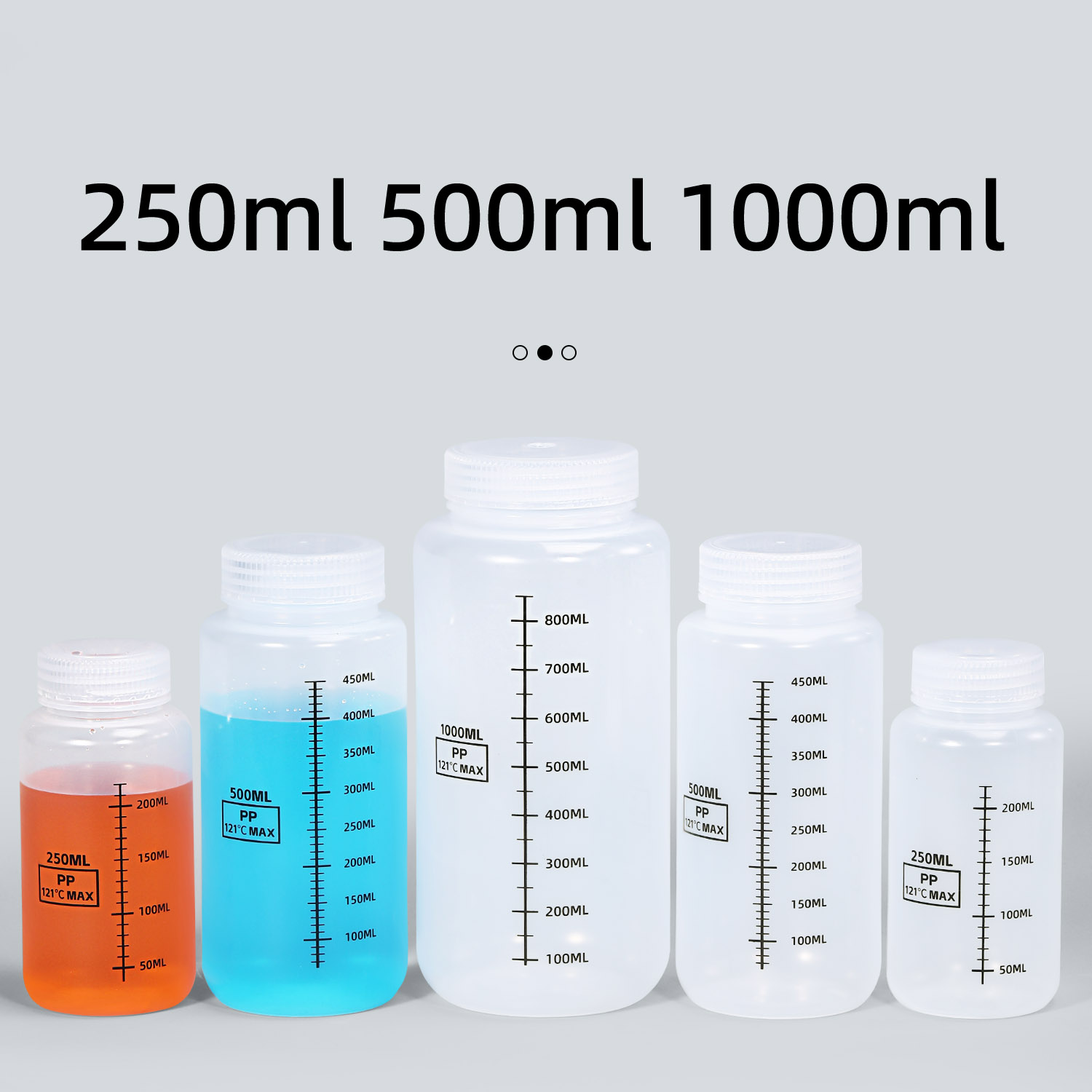 Bouteille en plastique PP large avec une ligne d'échelle pour les produits chimiques