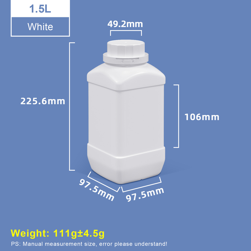 Bouteilles en plastique carrées blanches à col large de 1500 ml avec bouchon blanc
