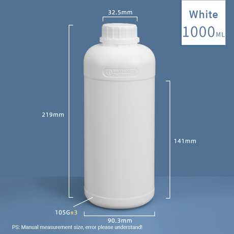 Bouteille en plastique fluoré HDPE et PTFE de 1000 ml, 1 l, sans danger pour les produits chimiques 