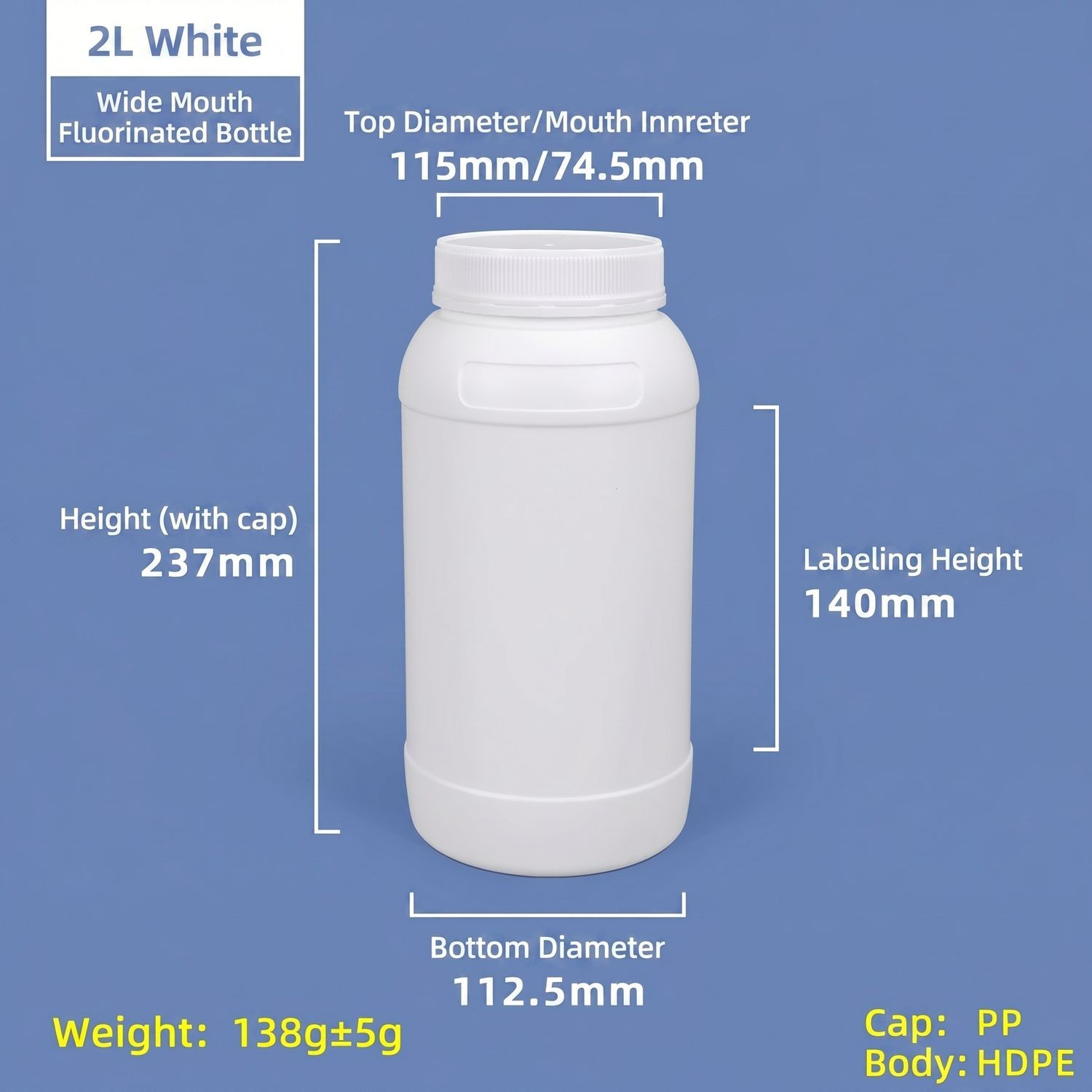 Bouteille HDPE fluorée de 2L, récipient étanche à large ouverture pour liquides visqueux et solvants organiques, vente en gros