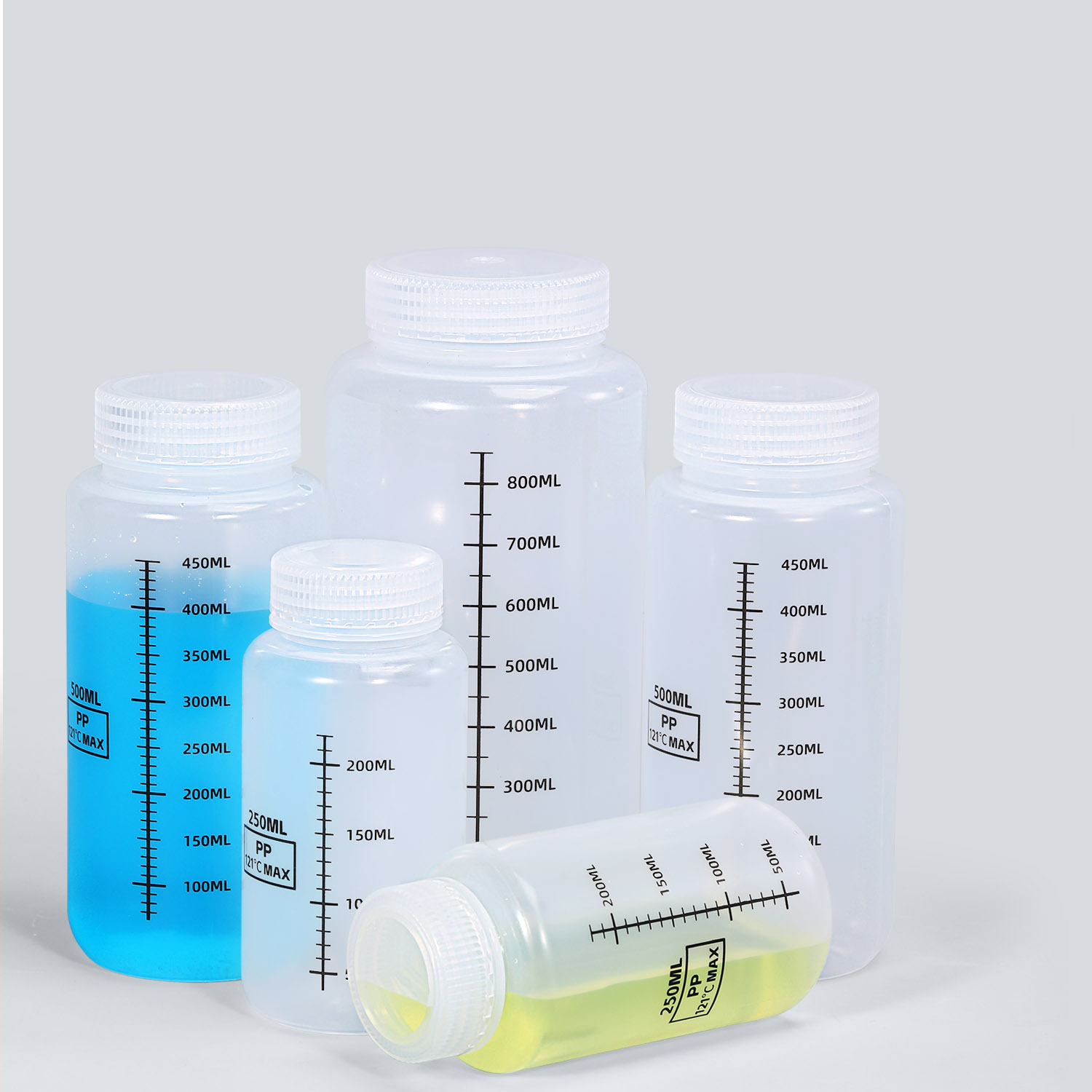 Bouteille en plastique PP large avec une ligne d'échelle pour les produits chimiques