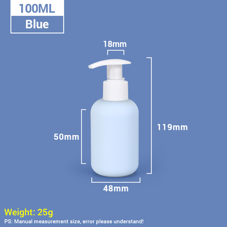 Bouteilles de shampoing en plastique bleues de 100 ml, 3,4 oz, format voyage, avec pompe autobloquante