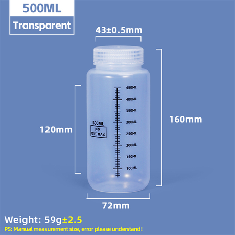 Bouteilles de réactif en plastique graduées à large ouverture de 500 ml
