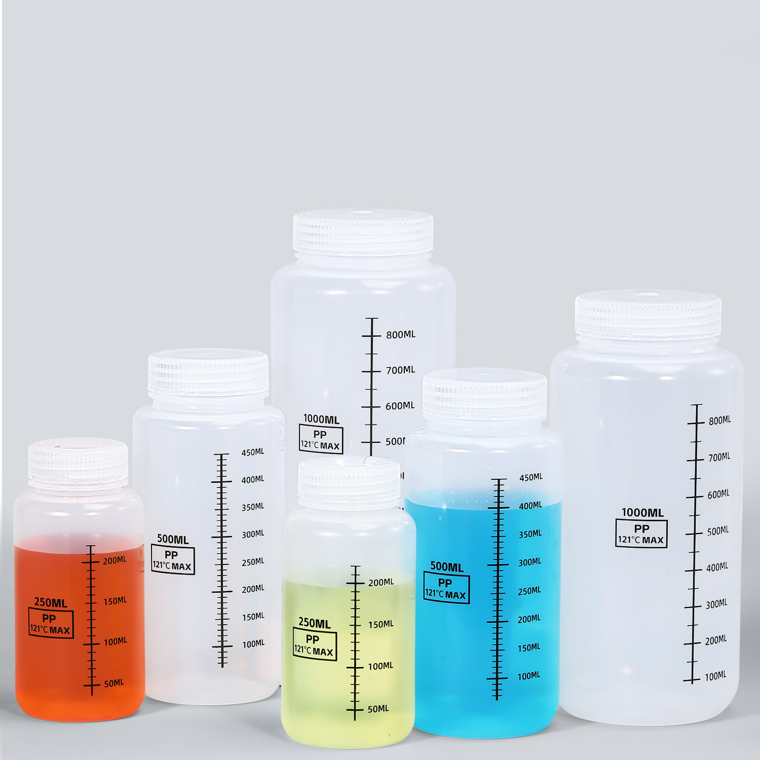Bouteille en plastique PP large avec une ligne d'échelle pour les produits chimiques
