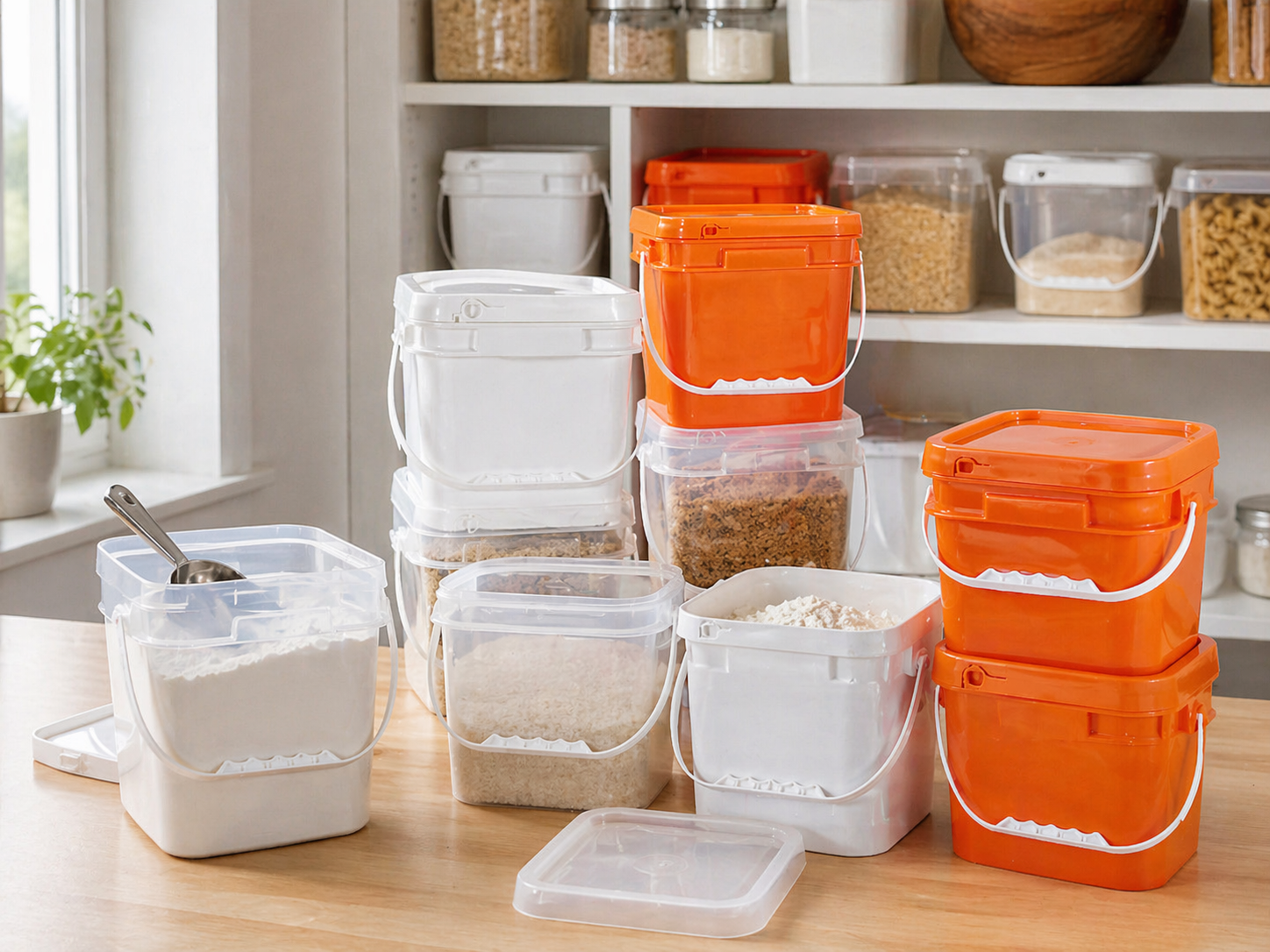 Stockage des aliments dans le garde-manger de cuisine avec des seaux carr&eacute;s en plastique.png