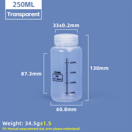 Bouteilles de réactif en plastique graduées à large ouverture de 250 ml