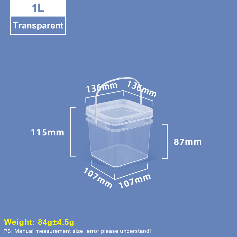 Seau en plastique carré transparent de 1 L avec couvercle et poignée