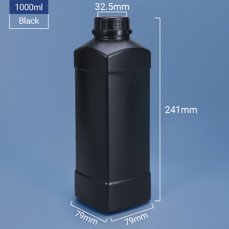1000 ml 1l Bouteille HDPE en plastique carré avec sabot de couvercle de vis évidente - noir