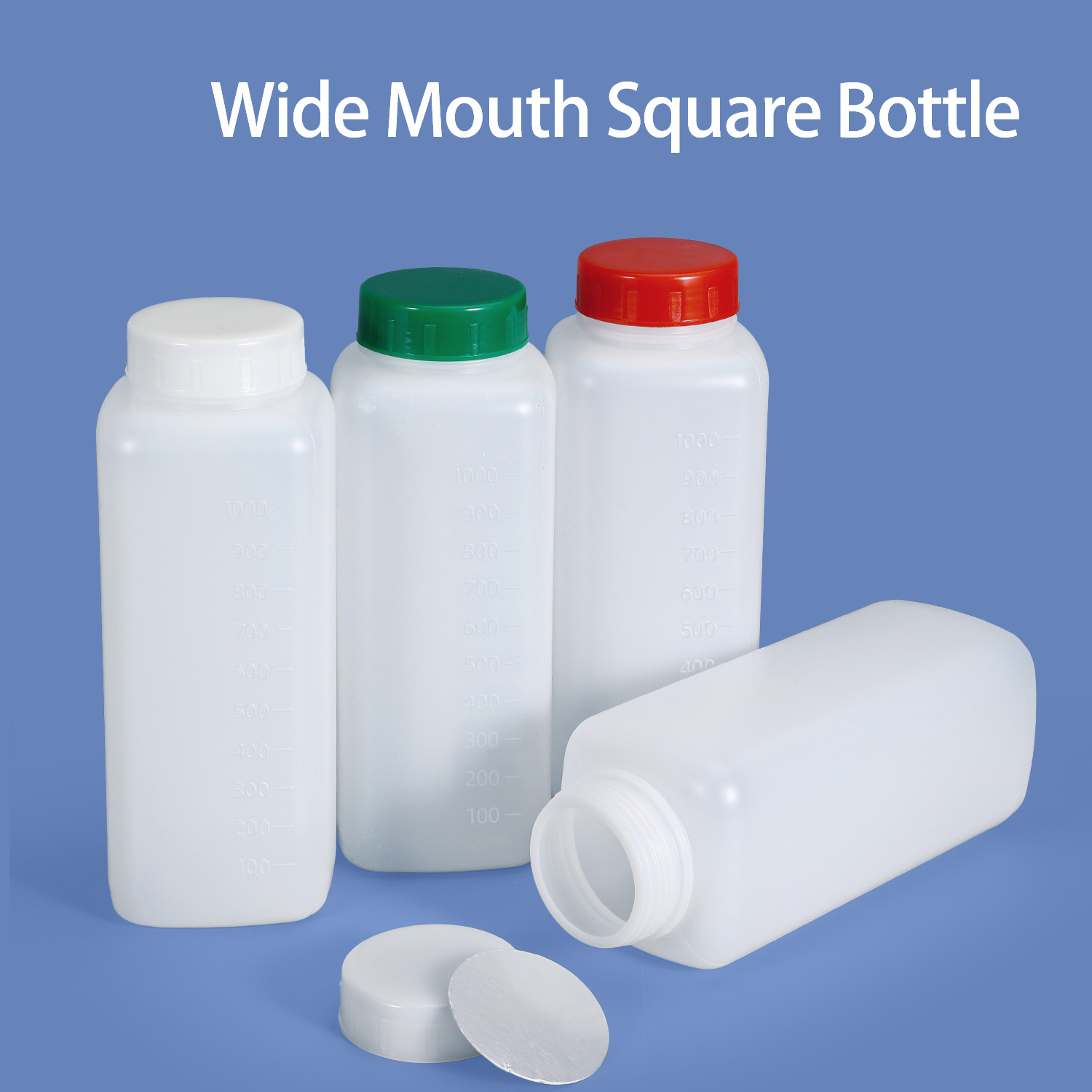 Bouteille en plastique carrée à large bouche en HDPE de 1 L, col de 60 mm avec graduation pour emballage de poudre et de liquide épais