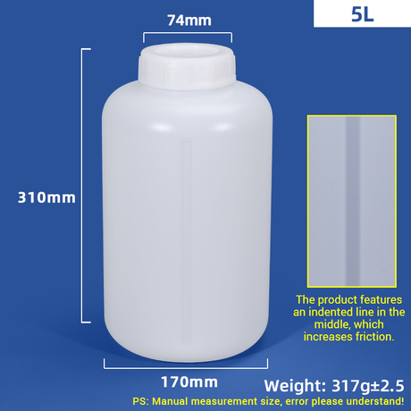 Bouteille ronde en plastique léger HDPE de 5 L avec une conception de ligne en retrait