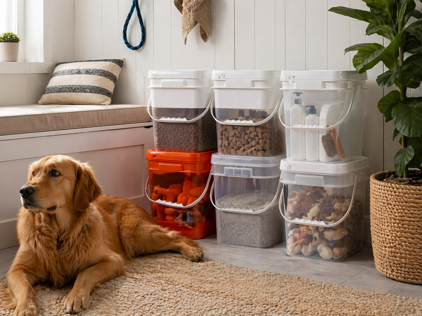 Stockage de fournitures pour animaux de compagnie avec des seaux carr&eacute;s en plastique.png