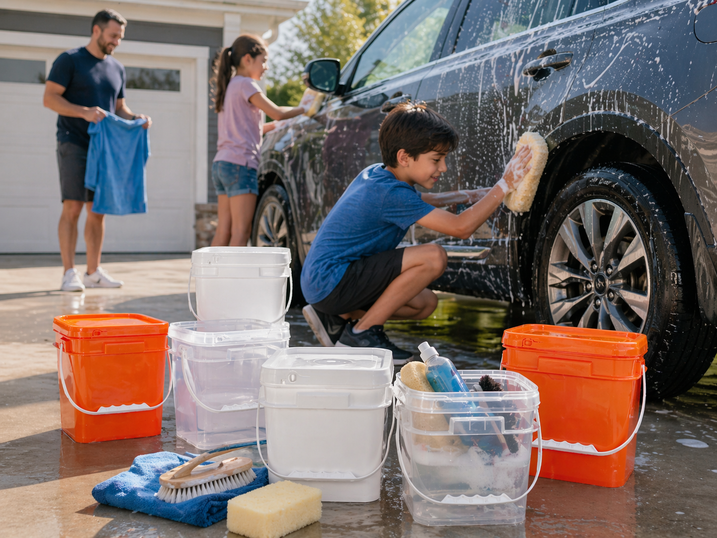 Lavage de voiture familiale avec des seaux carr&eacute;s en plastique.png