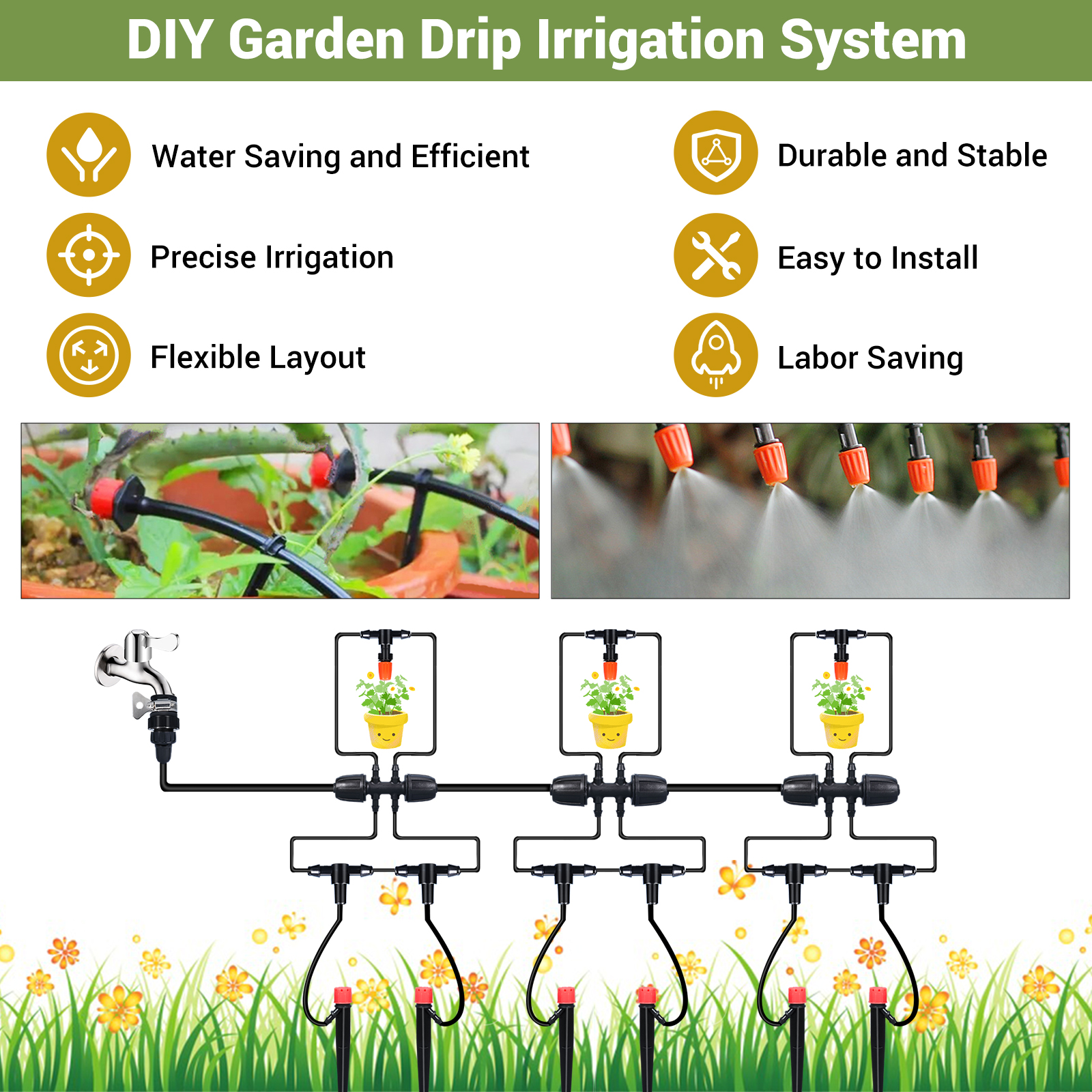 Système d'irrigation goutte à goutte pour jardin, système d'arrosage des plantes accessoires d'arracheurs de serre, kit d'irrigation goutte à goutte de 226 pieds avec tube 1/4 1/2 pouce pour plantes extérieures, lit de jardin surélevé, yard en pot, pelouse