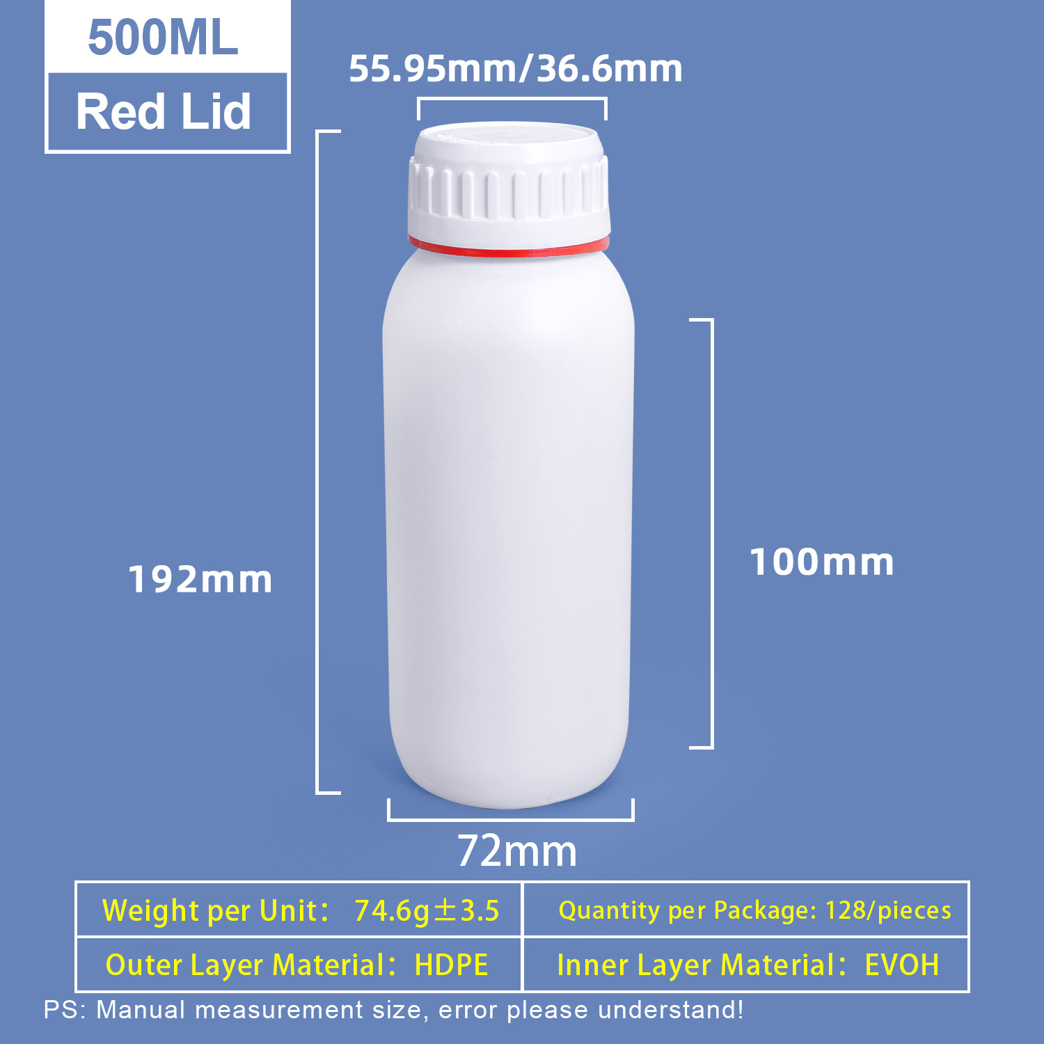 Bouteille Coex en plastique blanc de 500 ml avec anneau de couleur rouge autour du capuchon