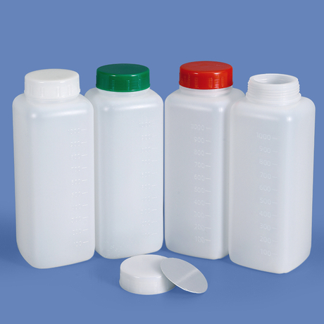 Bouteille en plastique carrée à large bouche en HDPE de 1 L, col de 60 mm avec graduation pour emballage de poudre et de liquide épais