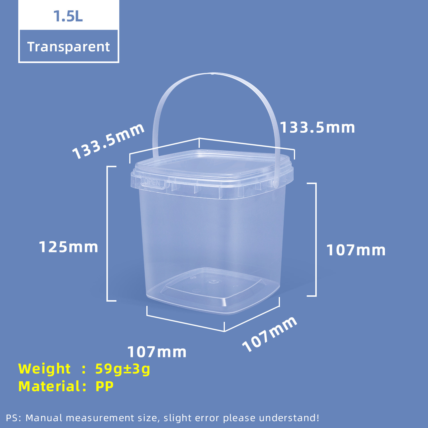 Seau de stockage en plastique PP carré de qualité alimentaire de 1,5 L