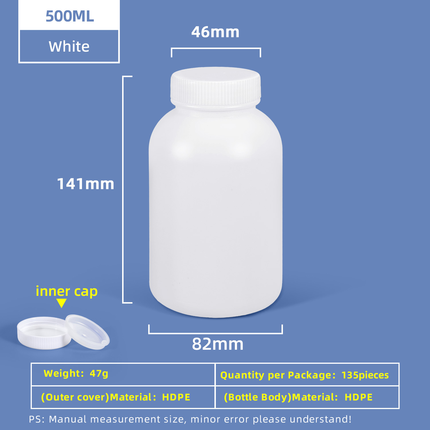 Bouteille en plastique HDPE à large goulot de 500 ml avec bouchon intérieur étanche pour utilisation en laboratoire chimique