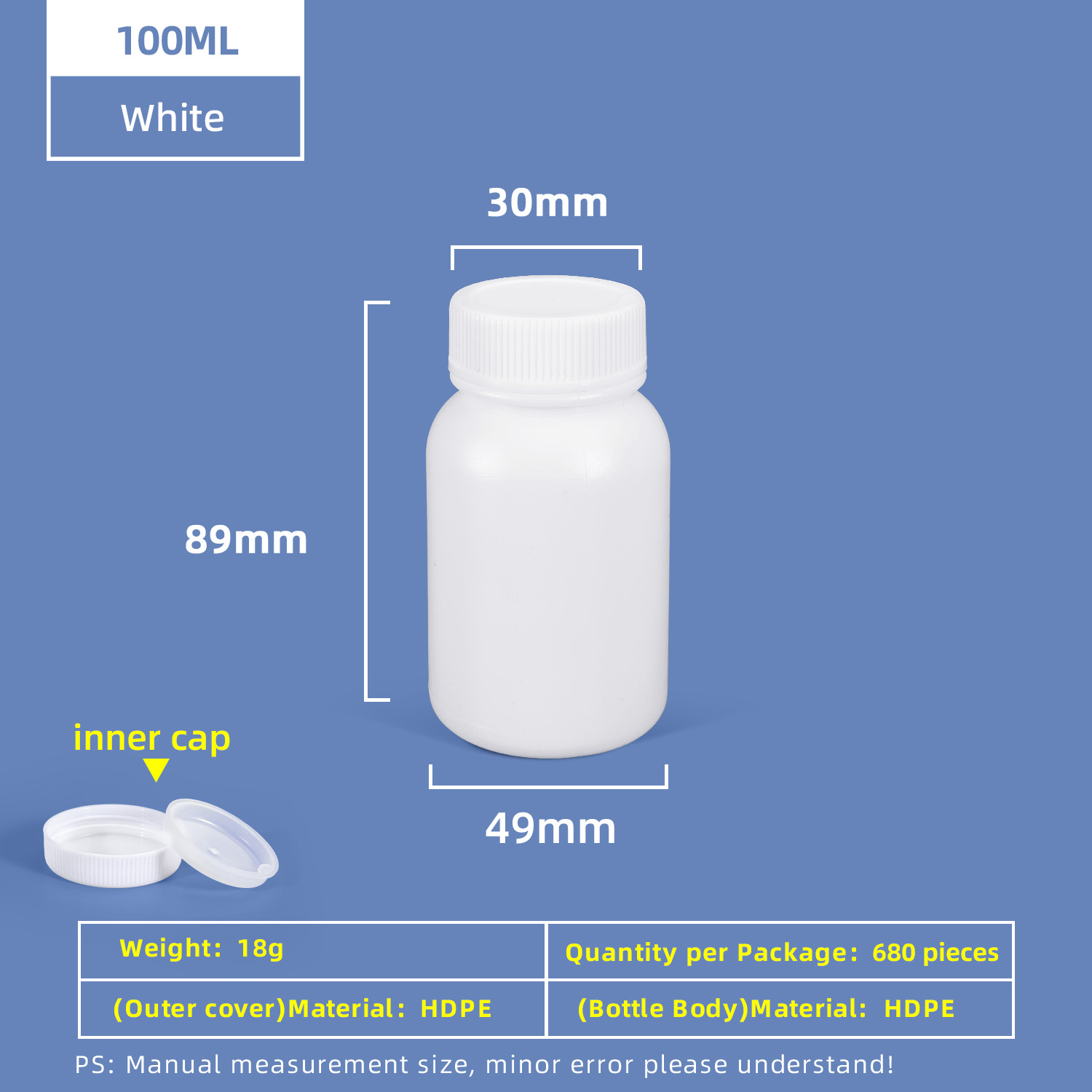 Bouteille en plastique HDPE à large goulot de 100 ml avec bouchon intérieur étanche pour utilisation en laboratoire chimique