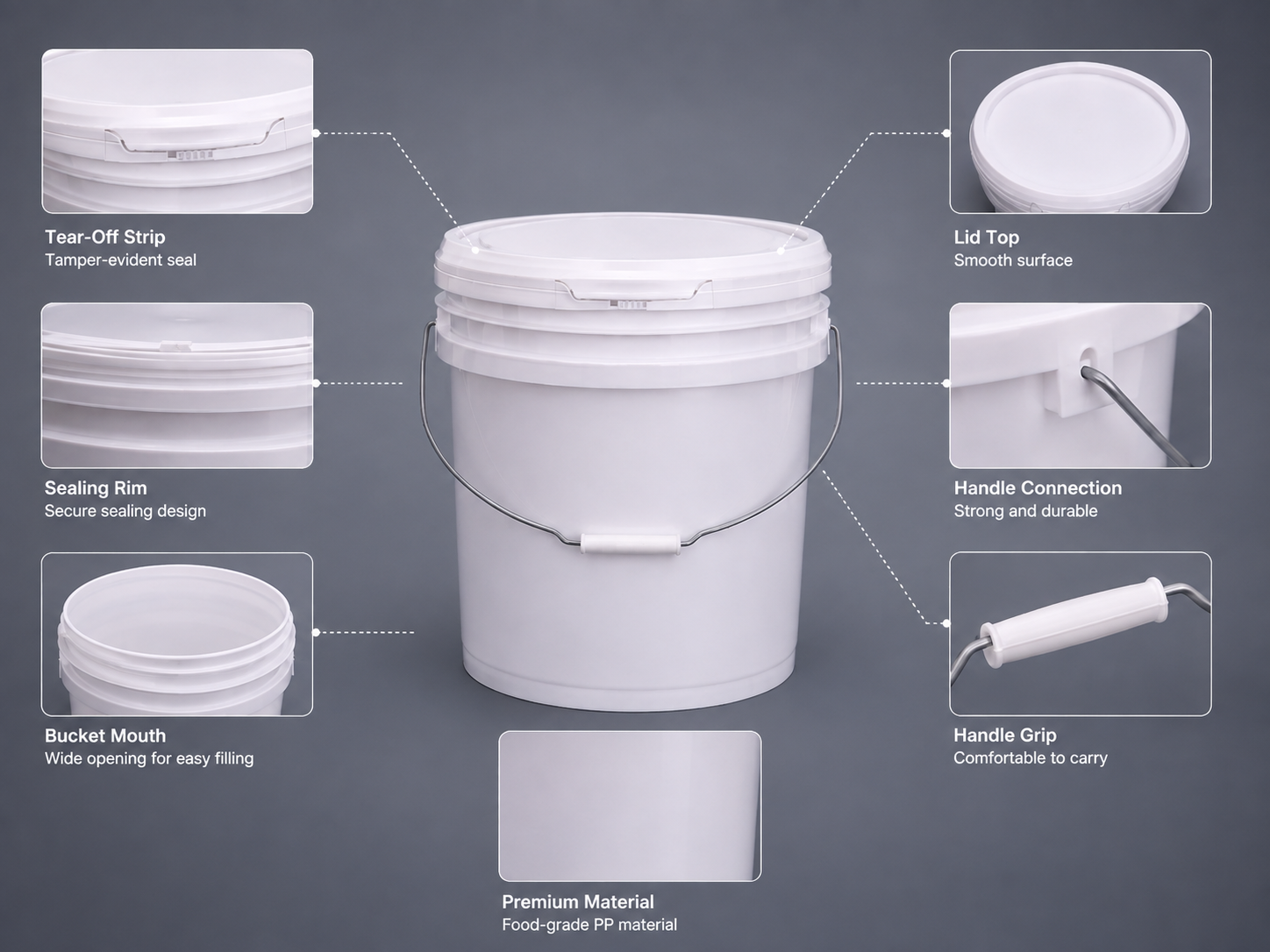 Points de sp&eacute;cification du seau et du couvercle en plastique pour les ingr&eacute;dients en poudre.png