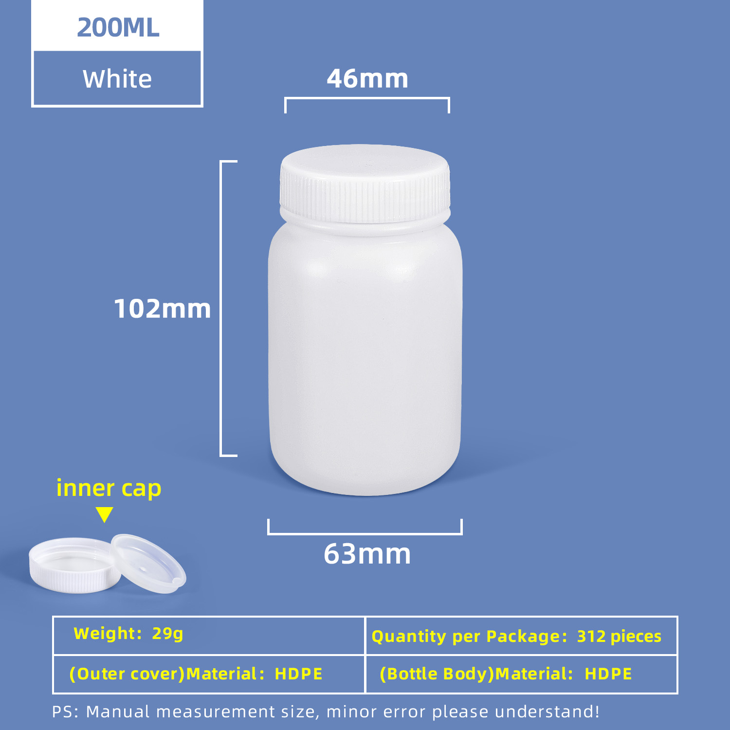 Bouteille en plastique HDPE à large goulot de 200 ml avec bouchon intérieur étanche pour utilisation en laboratoire chimique