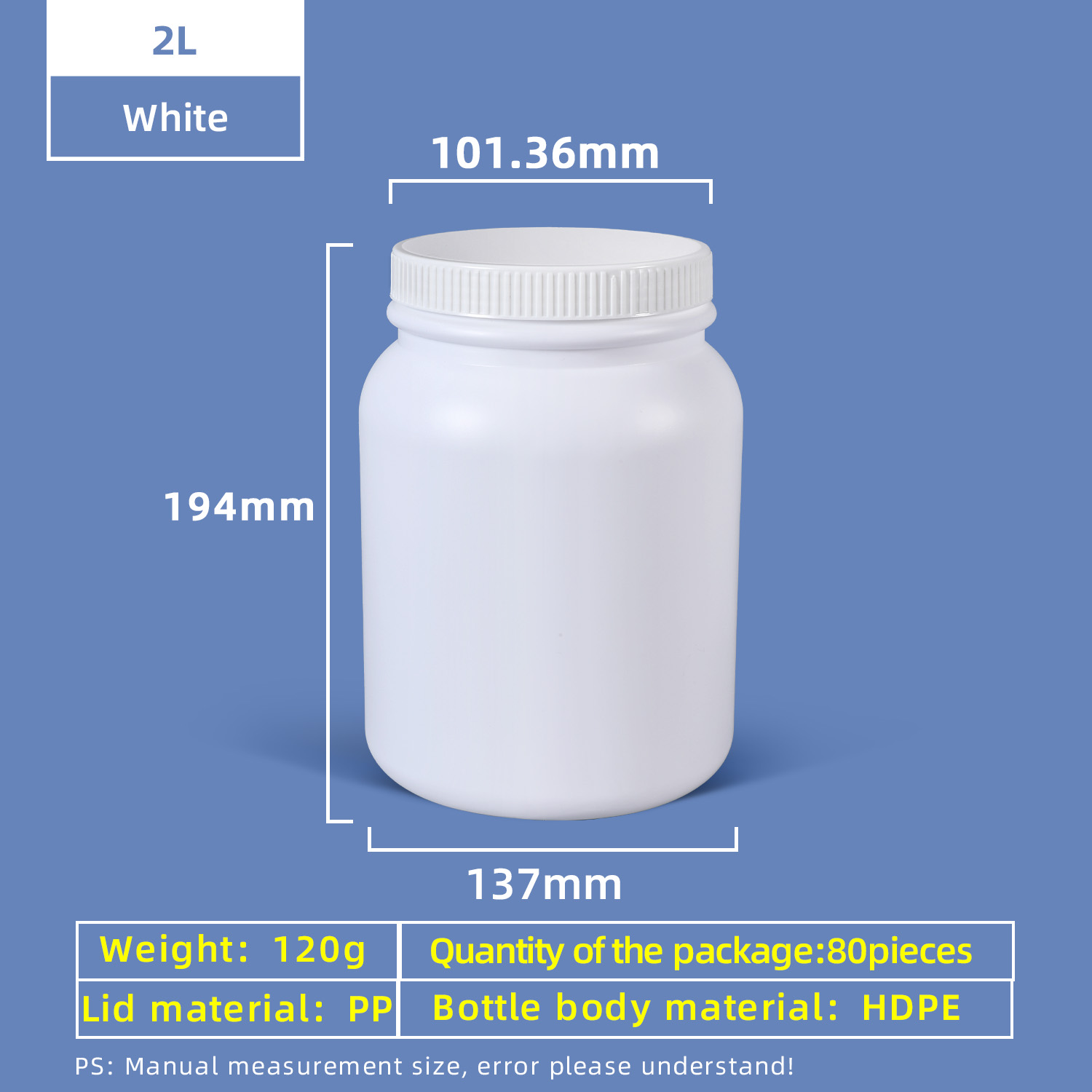 Bouteille en plastique HDPE à large ouverture de 2 L avec bouchon d'étanchéité, étanche pour utilisation en laboratoire chimique