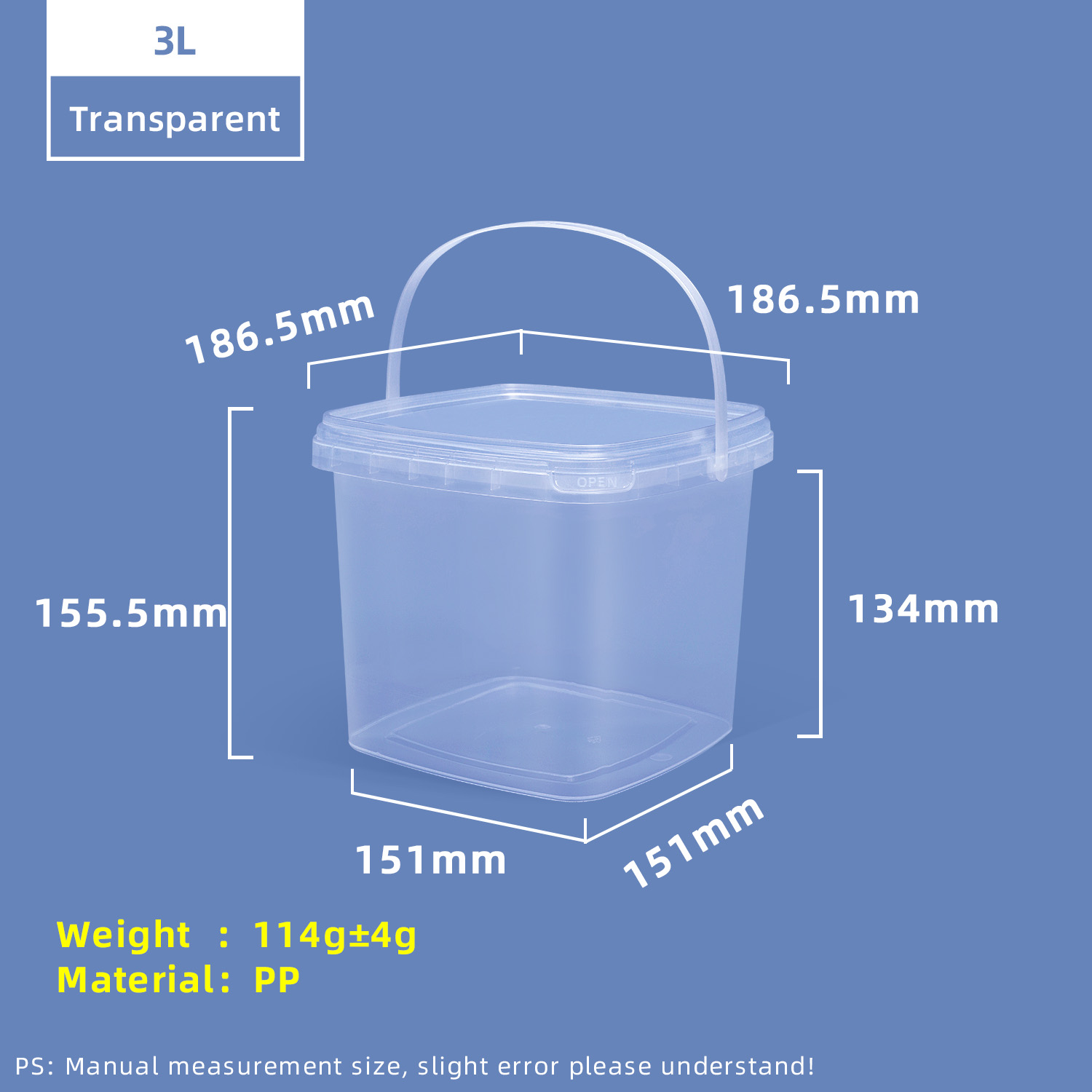 Seau de stockage en plastique PP carré de qualité alimentaire 3L