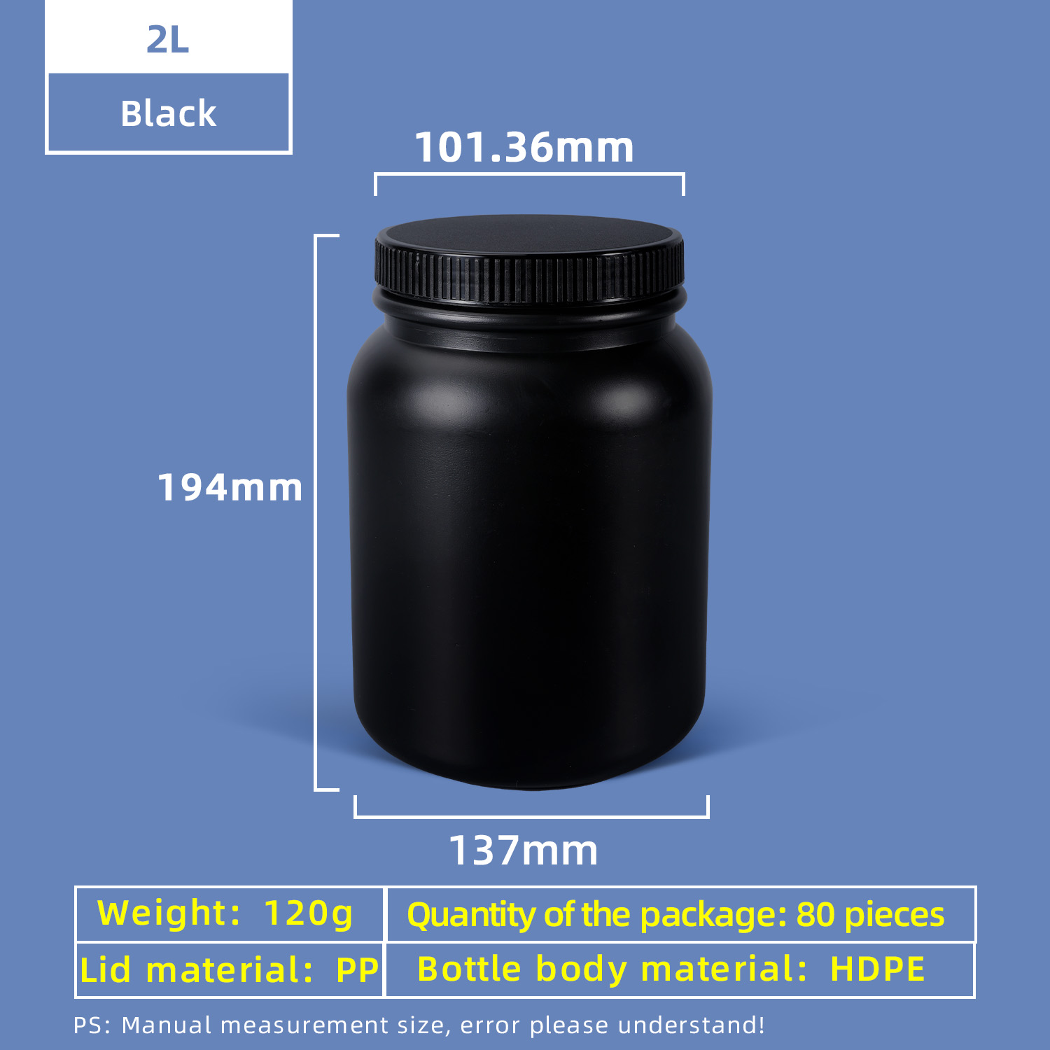 Bouteille en plastique HDPE à large ouverture de 2 L avec bouchon d'étanchéité, étanche pour utilisation en laboratoire chimique