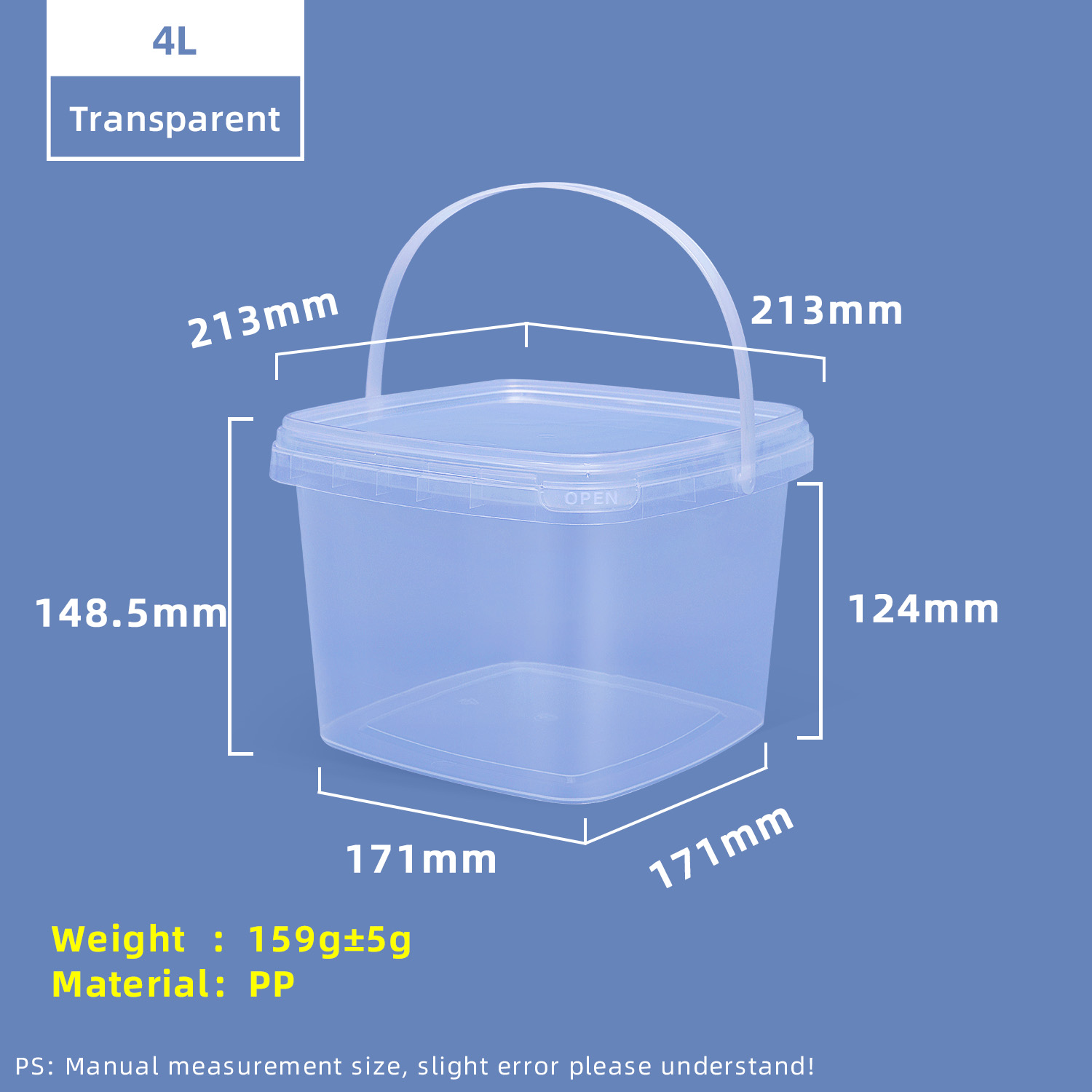 Seau de stockage en plastique PP carré de qualité alimentaire 4L