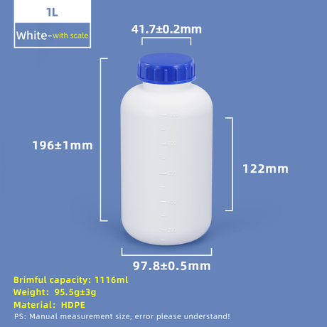 Bouteille en plastique HDPE à large goulot de 1 L avec ligne d'échelle et bouchon intérieur