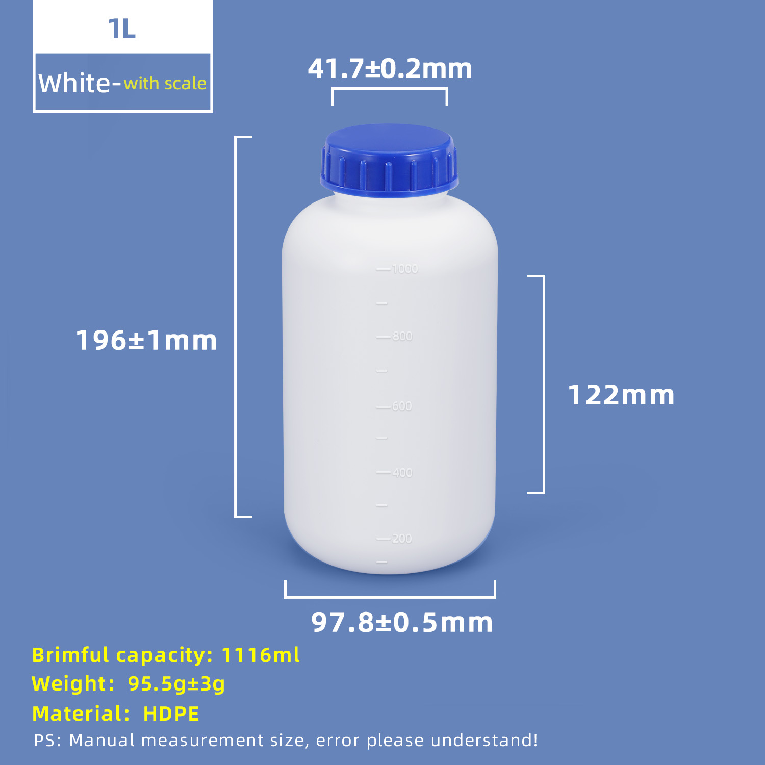 Bouteille en plastique HDPE à large goulot de 1 L avec ligne d'échelle et bouchon intérieur