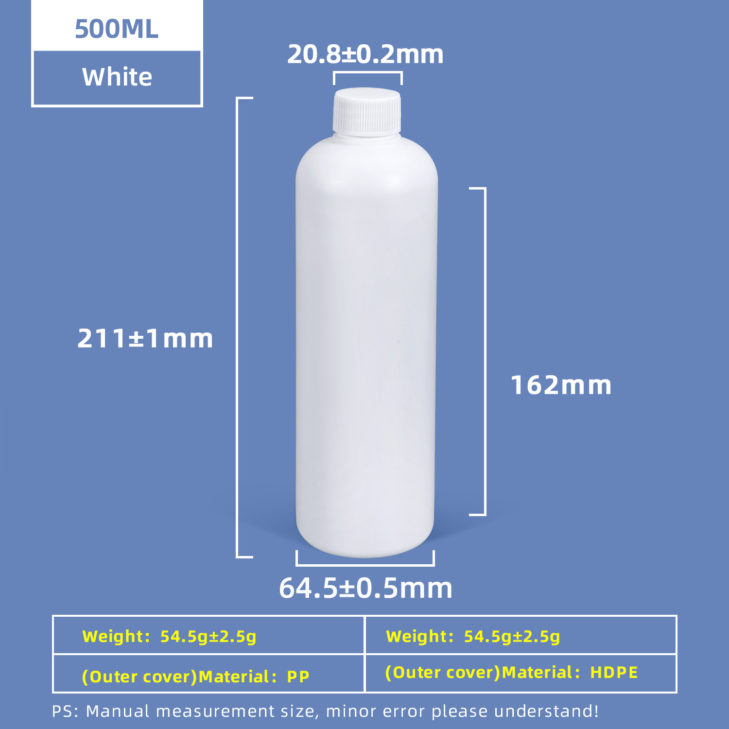 Bouteille en PE blanc translucide de 500 ml avec joint d'induction à bouchon à vis