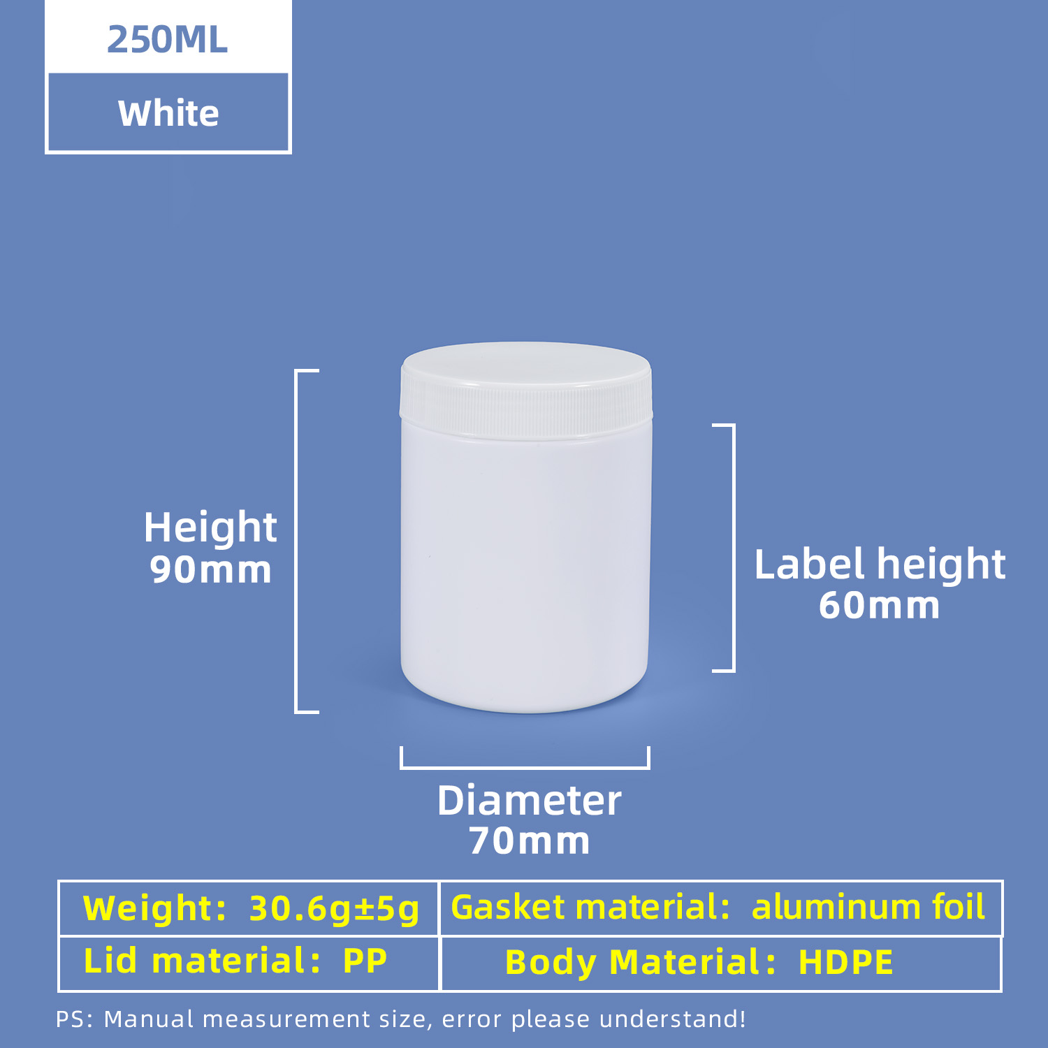 Pot en plastique à vis à large ouverture HDPE de 250 ml