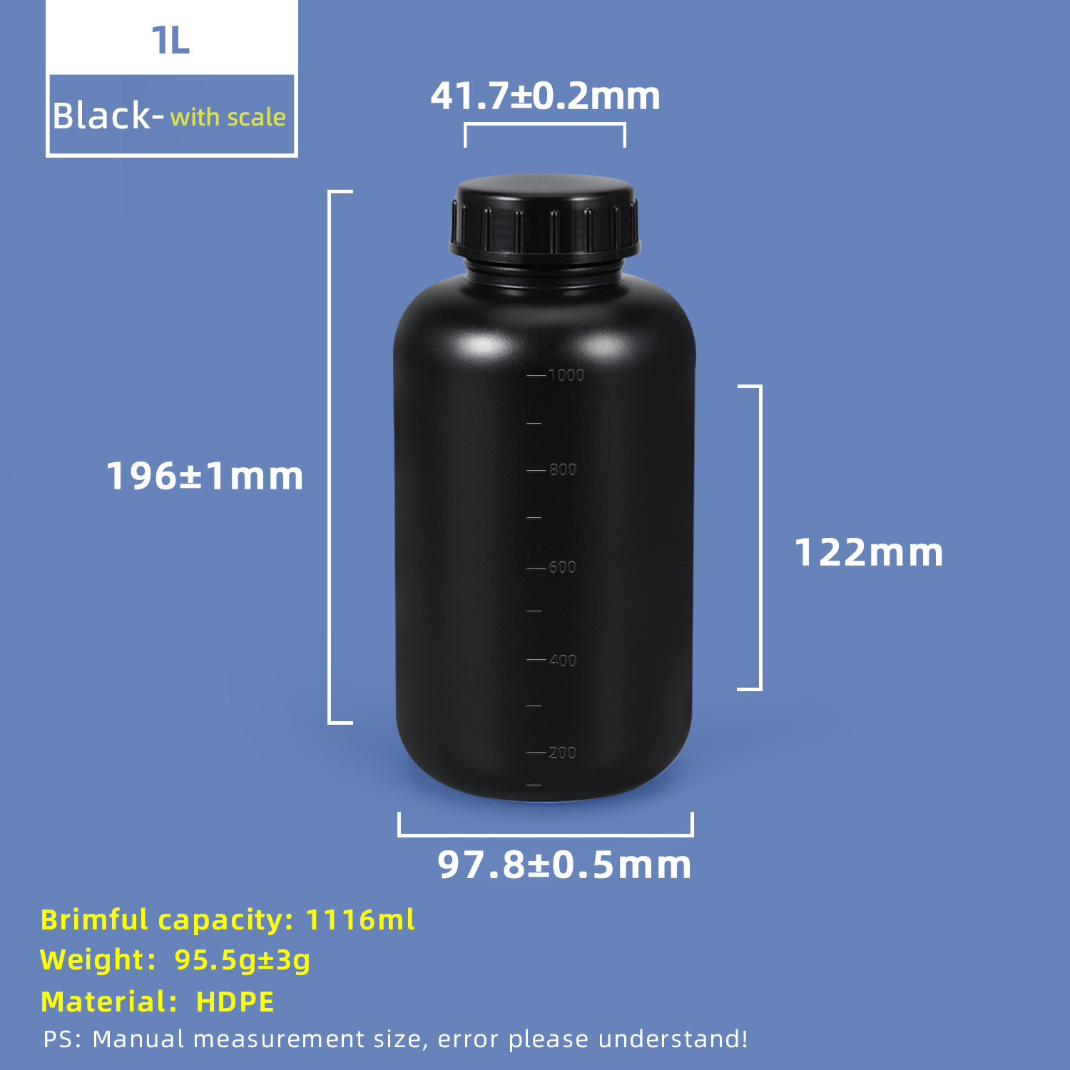Bouteille en plastique HDPE à large goulot de 1 L avec ligne d'échelle et bouchon intérieur
