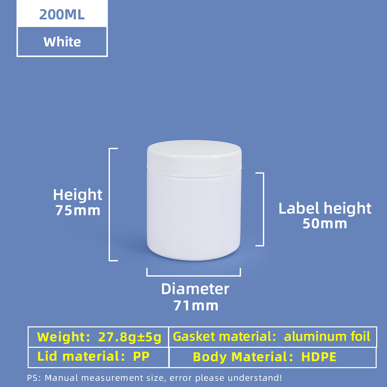 Pot en plastique à vis à large ouverture HDPE de 200 ml