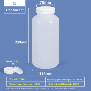 Bouteille en plastique à large ouverture en HDPE de 2 L, avec bouchon intérieur, étanche, pour utilisation en laboratoire chimique