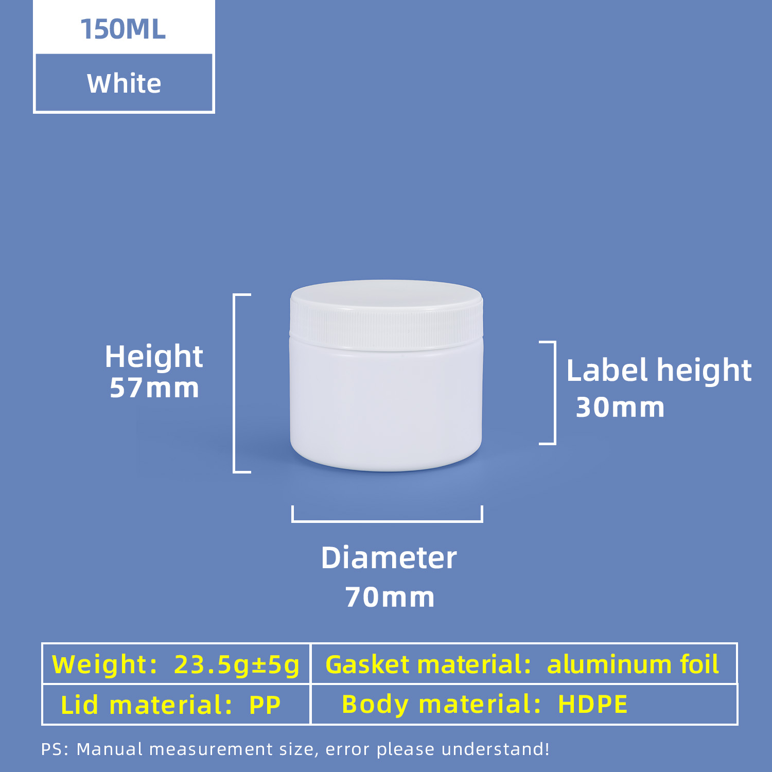 Pot en plastique à vis à large ouverture HDPE de 150 ml
