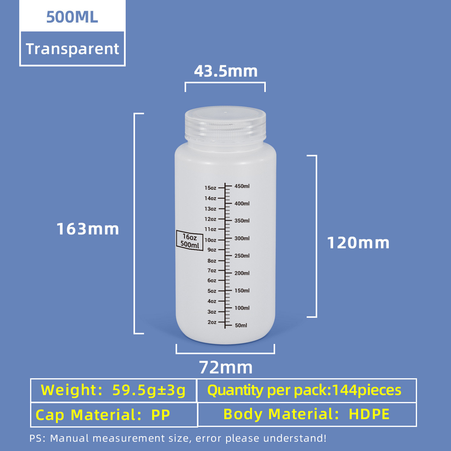 Flacon de réactif HDPE 500 ml 16 oz avec bouchon à vis