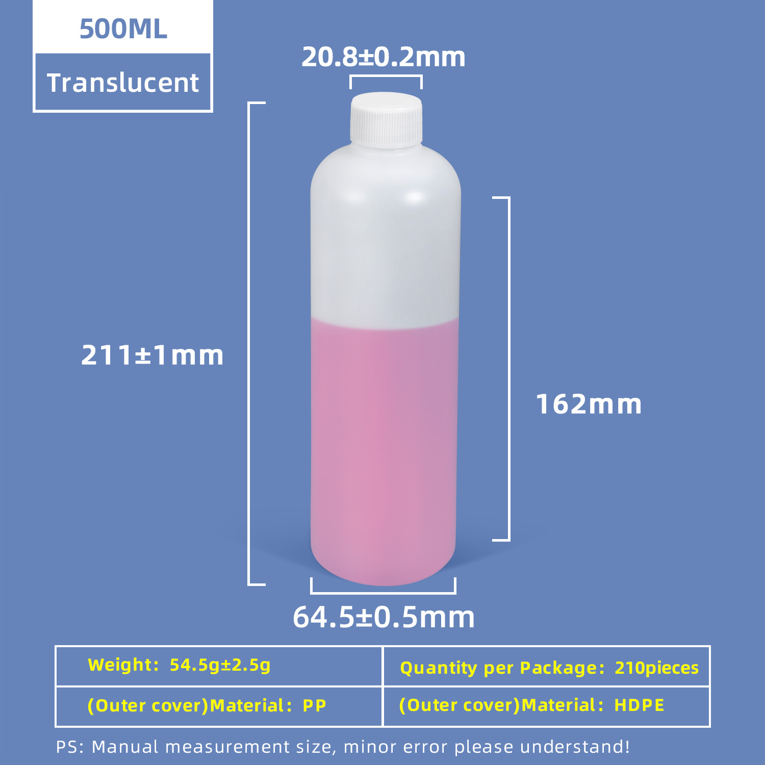Bouteille en PE blanc translucide de 500 ml avec joint d'induction à bouchon à vis