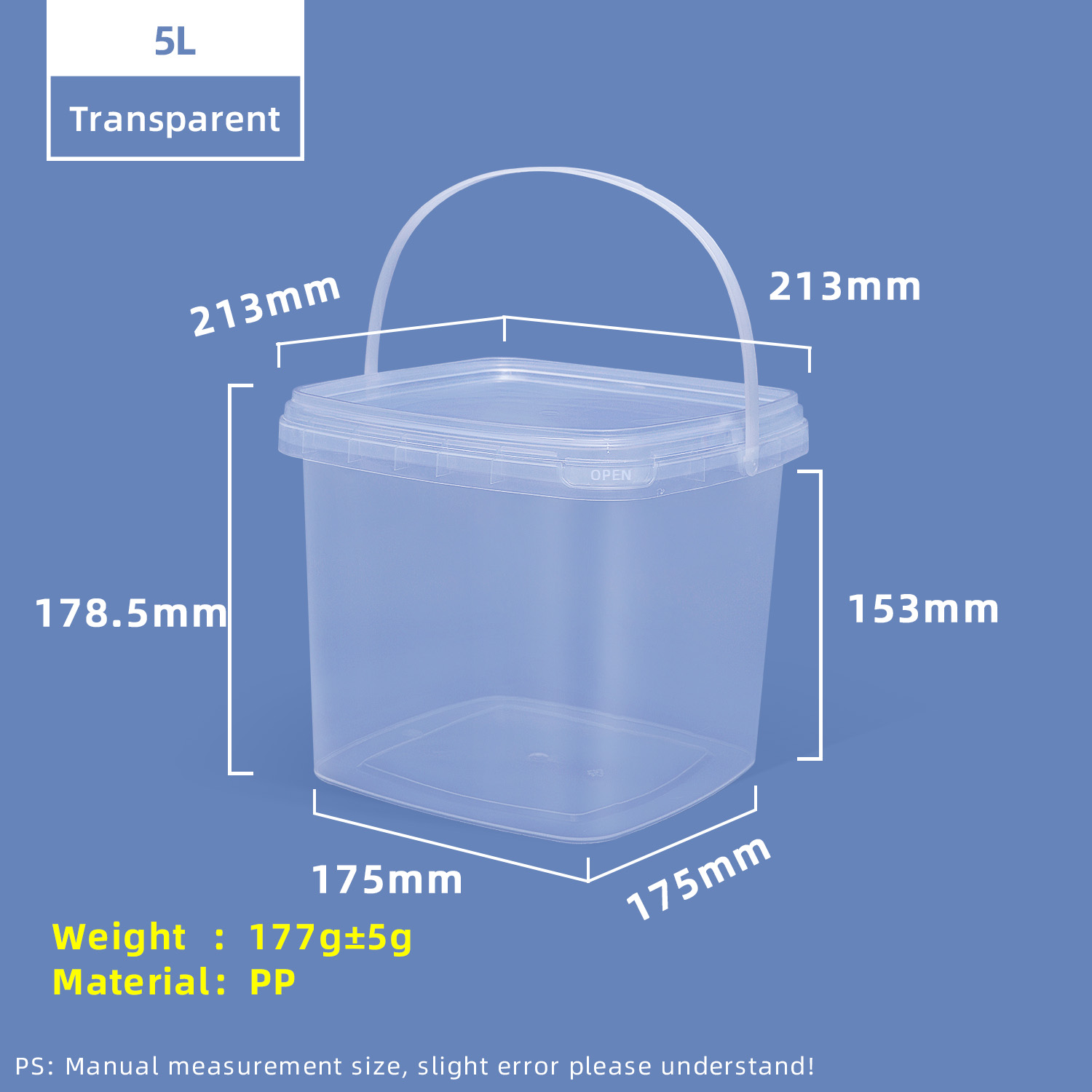 Seau de stockage en plastique PP carré de qualité alimentaire 5L
