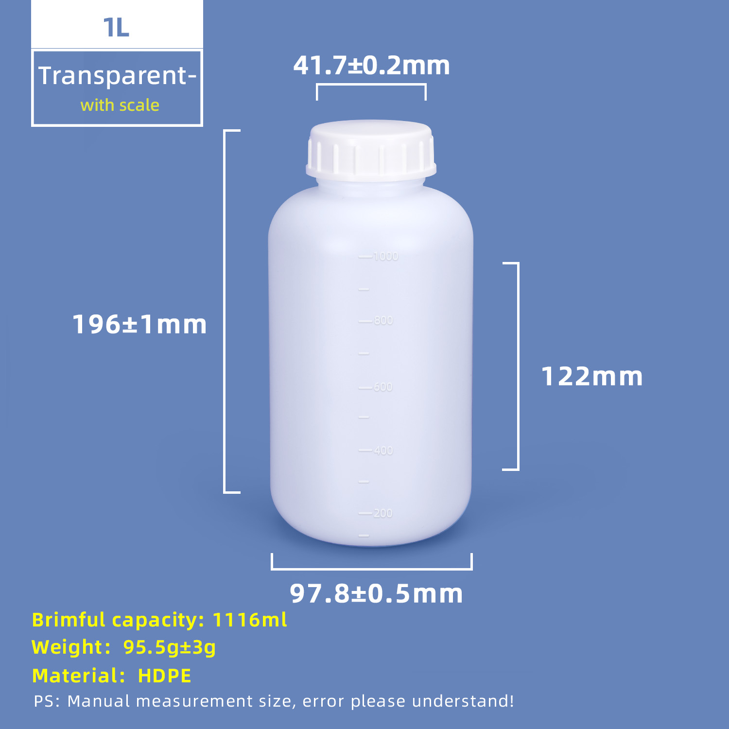 Bouteille en plastique HDPE à large goulot de 1 L avec ligne d'échelle et bouchon intérieur